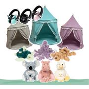 Calm corner kit with three fabric play tents in teal grey and purple plus colourful hearing protection earmuffs and soft animal toys