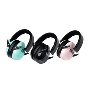 Three pairs of hearing protection earmuffs in aqua black and pink arranged against a white background