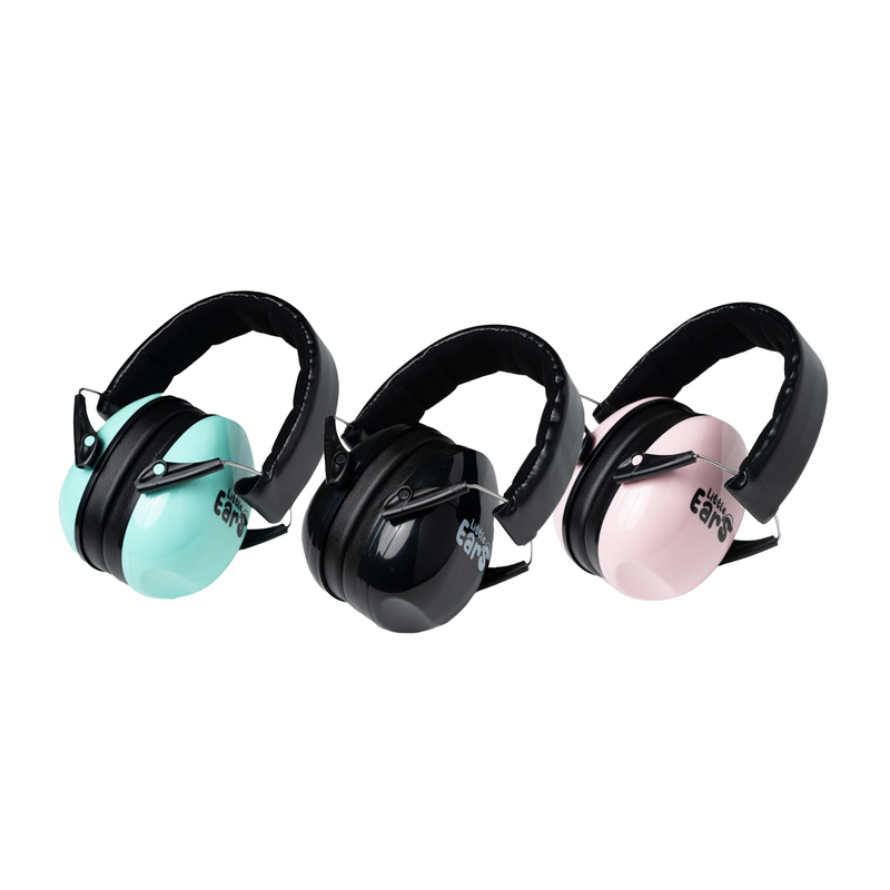 Three pairs of hearing protection earmuffs in aqua black and pink arranged against a white background