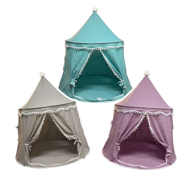 Three fabric calm corner tents in teal, grey and mauve, each with a pointed canopy, open front and decorative trim