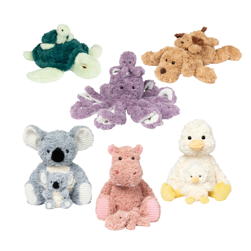 Animal plush toys featuring a turtle with baby turtle a purple octopus a dog a koala with joey a pink hippo and a duck on white background