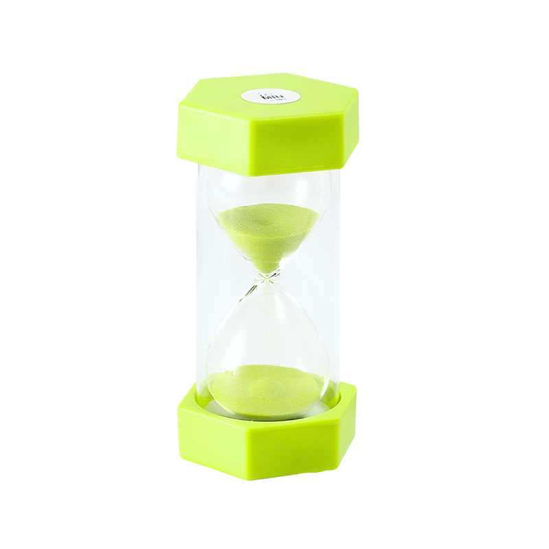 Lime green sand activity timer hourglass for children with sand flowing through clear glass educational toy