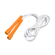 Skipping rope with bright orange handles and a white cord, laid out against a plain white background