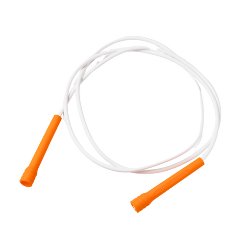 Skipping rope with bright orange handles and a white cord, laid out against a plain white background