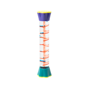 Colourful liquid sensory timer with blue beads orange swirls and teal and purple ends on a white background