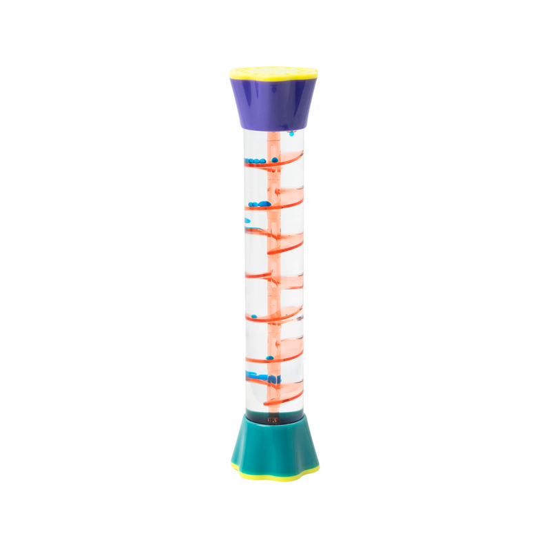 Colourful liquid sensory timer with blue beads orange swirls and teal and purple ends on a white background