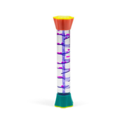 Colourful spiral liquid timer with purple droplets in a clear tube and teal and yellow ends, an educational toy on a white background