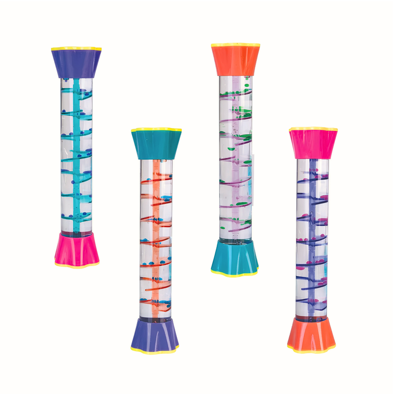 Colourful spiral liquid timers in blue red purple and pink displayed as educational toys on a white background
