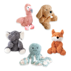 Soft plush weighted sensory toys shaped like a pink flamingo, brown dog, grey elephant, blue octopus, and orange fox arranged on a white background.