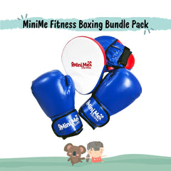 Blue children's boxing gloves paired with a red and white focus pad displayed against a white background with cartoon characters below.