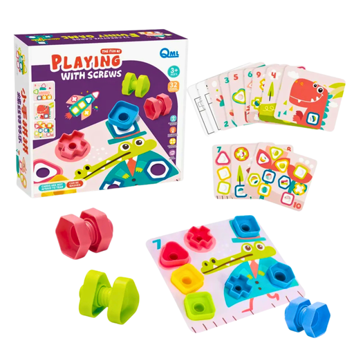 A children's toy set titled 'Playing with Screws' shown with its retail box, scattered colorful screw pieces, two instruction cards, and a game board on a plain white background.