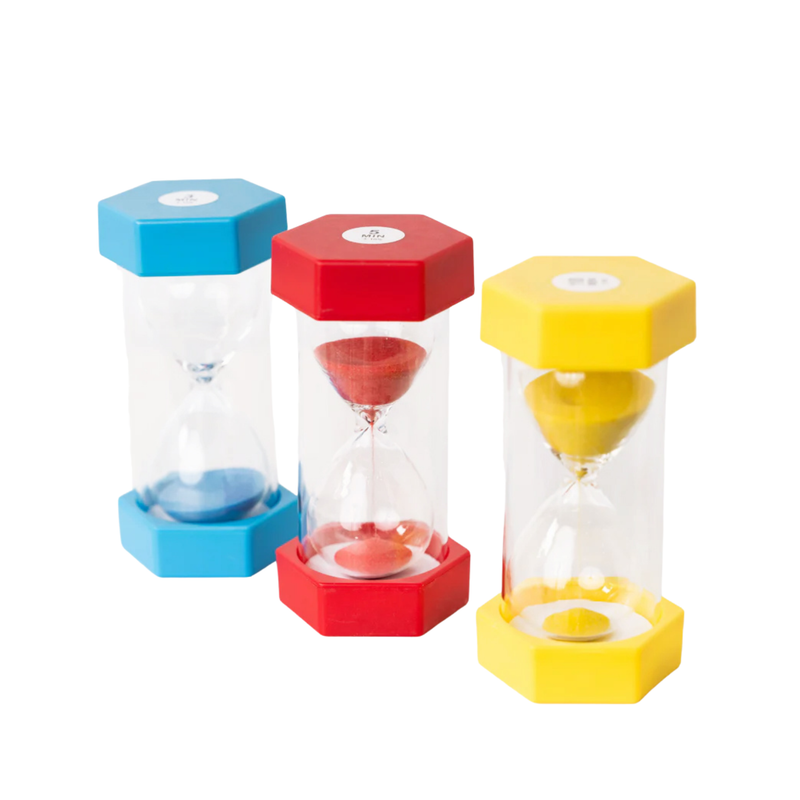 Three colourful sand activity timer hourglasses in blue, red and yellow, displayed together as educational toys.