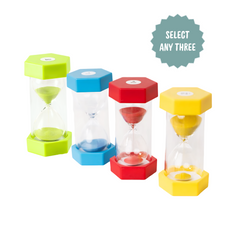 Colourful sand visual timers in green blue red and yellow for children’s educational play