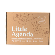 Box packaging of a magnetic timber weekly planner with illustrated picture tiles for visual scheduling on a white background