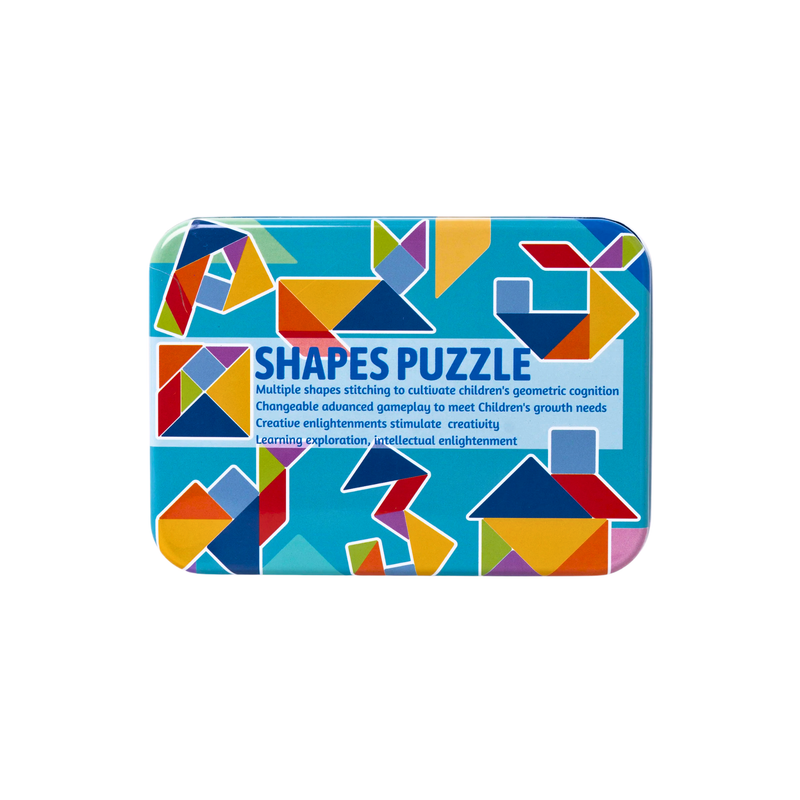 Colourful tangram puzzle tin on a white background