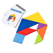 Colourful tangram puzzle pieces arranged next to illustrated activity cards on a white background