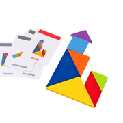 Colourful tangram puzzle pieces arranged next to illustrated activity cards on a white background