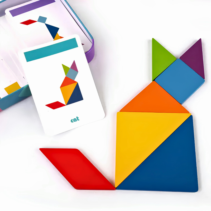 Colourful tangram puzzle pieces arranged next to illustrated activity cards on a white background