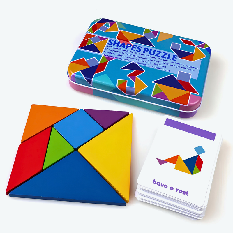 Colourful tangram puzzle pieces arranged next to illustrated activity cards and tin on a white background