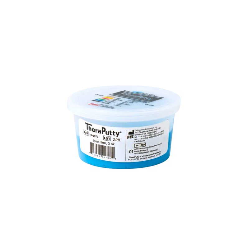 Small clear plastic tub of blue firm putty with white lid on a plain white surface, displaying a therapy hand exercise product label.