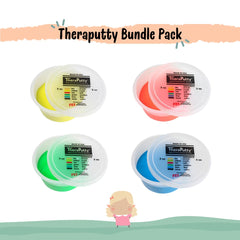 Four open containers of coloured hand exercise putty in yellow, red, green, and blue arranged on a white background with minimal decoration.