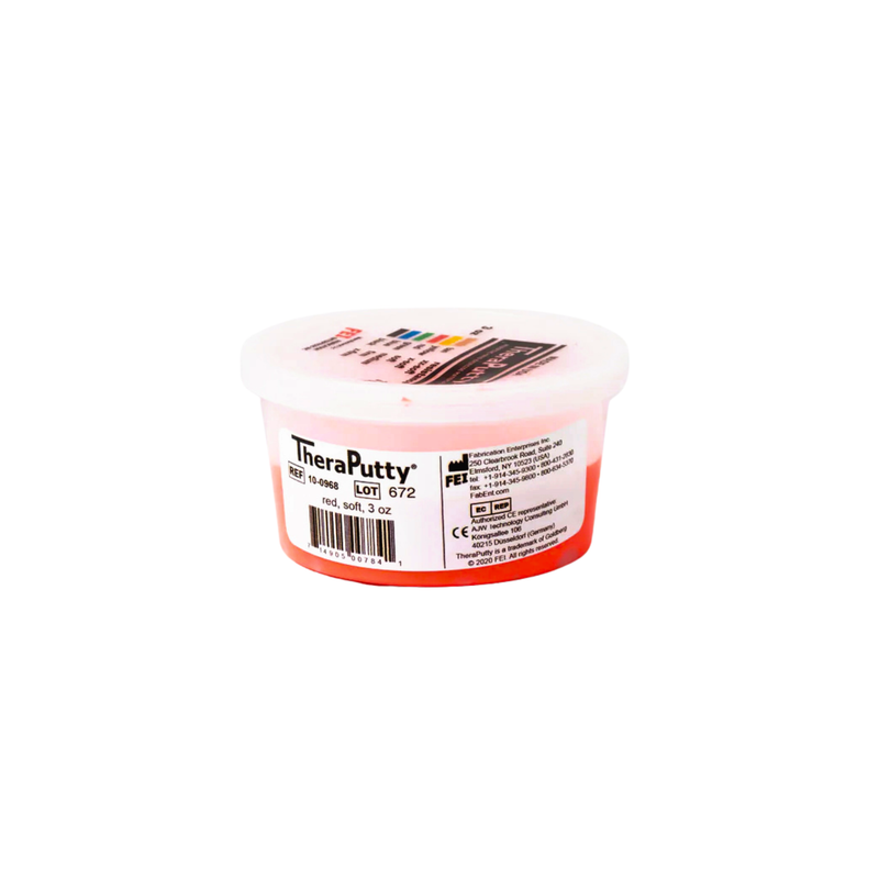 Small clear plastic container of red hand exercise putty with white lid and product label on a white surface against a plain white background